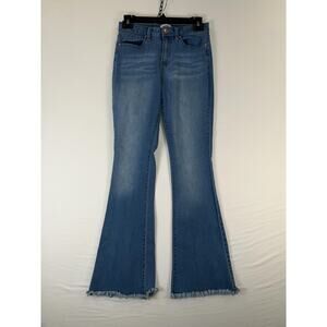 YMI Jeans Juniors 26 Blue Medium Wash Slim Flare Raw Fringe Hem Stretch Denim